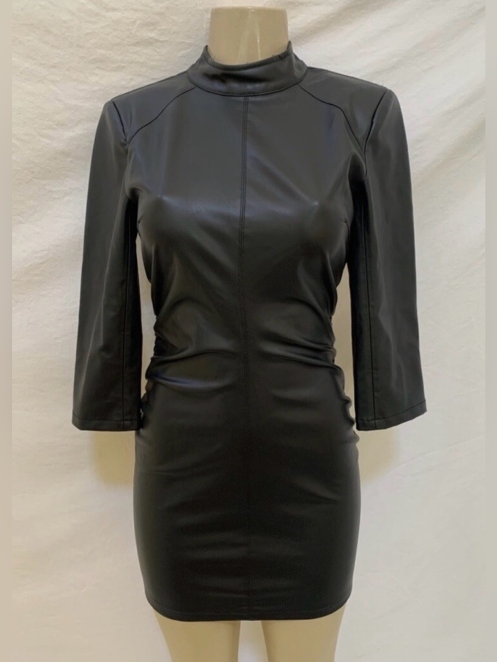 Zara Black Faux Leather Mock Neck Mini Dress